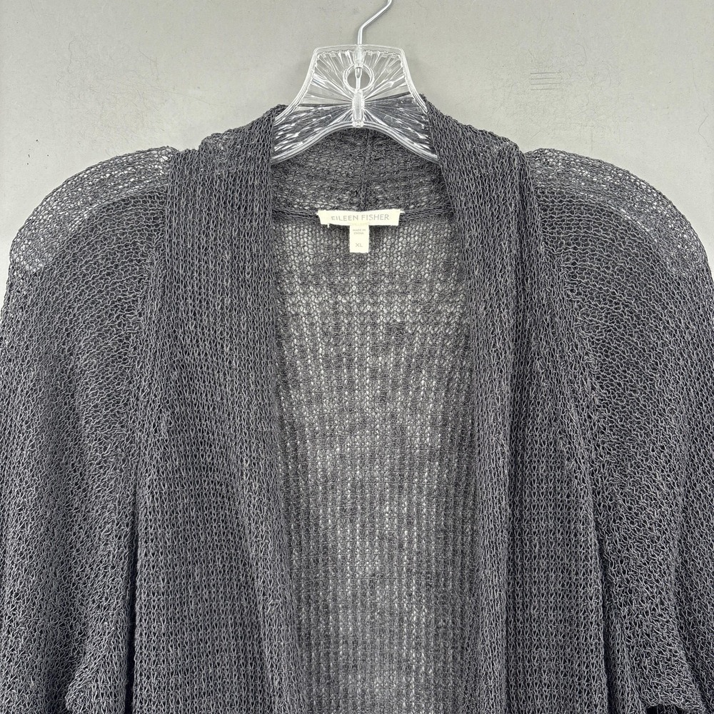 Eileen Fisher Cardigan XL Gray Linen Blend Open Stitch Knit Chain Lightweight - Picture 2 of 9